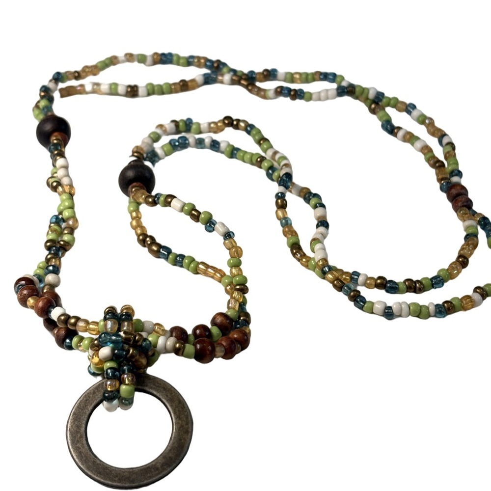 Boho Beaded Necklace Multicolor Seed Beads Metal Pendant